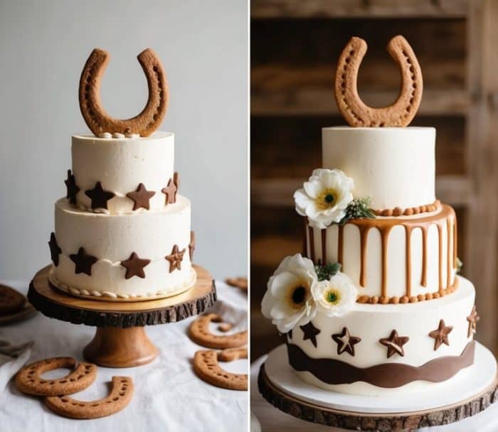 Four cakes with a Western theme: three are decorated with horseshoes and stars in brown and cream colors, and one is shaped like cowboy boots, all displayed on wooden stands with horseshoe cookies around.