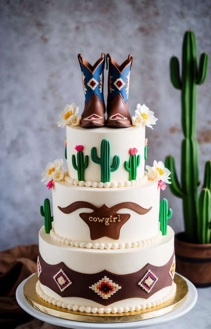 Three-tiered cake with western theme, decorated with edible cacti, flowers, a cowgirl plaque, southwestern patterns, and topped with a pair of cowboy boots. A tall cactus sits in the background.