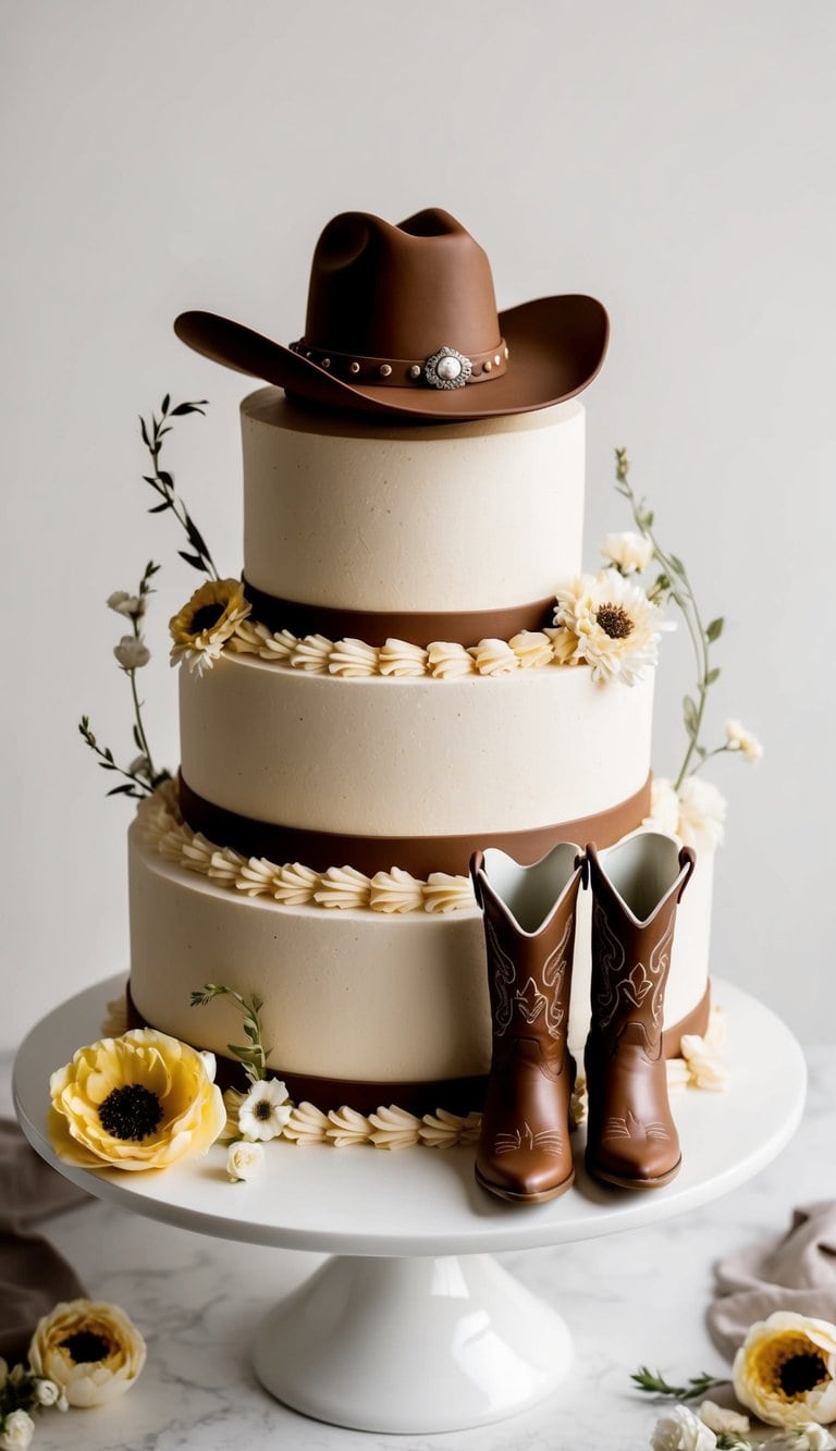 A cowboy hat and cowboy boots surrounded by ceramic horse cake toppers on a western-themed cake
