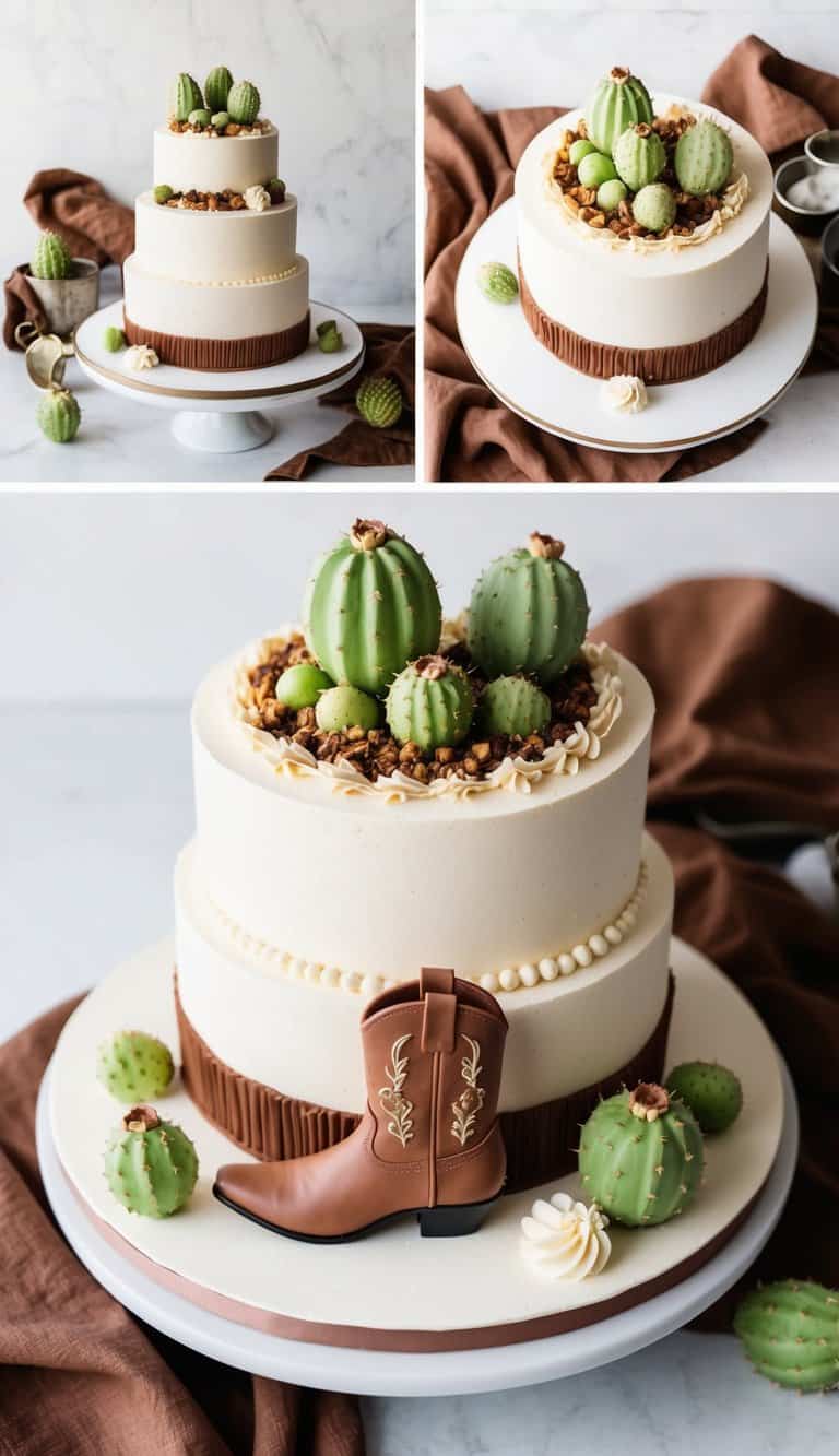 A cowboy boot-shaped cake adorned with prickly pear-infused toppings, surrounded by western-themed decorations