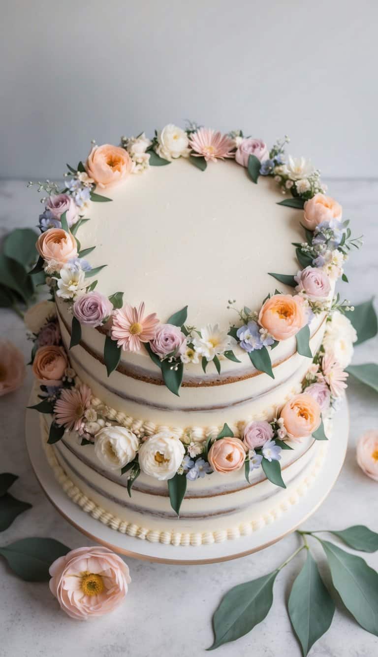 A floral wreath cake surrounded by pastel-colored flowers and leaves