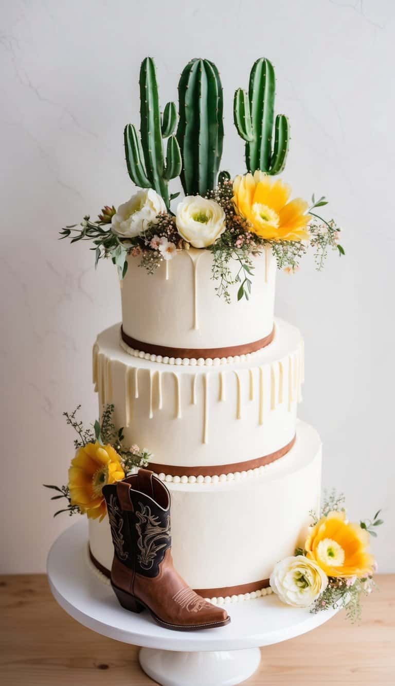 A wildflower and cacti arrangement with cowboy boots and western-inspired cake designs