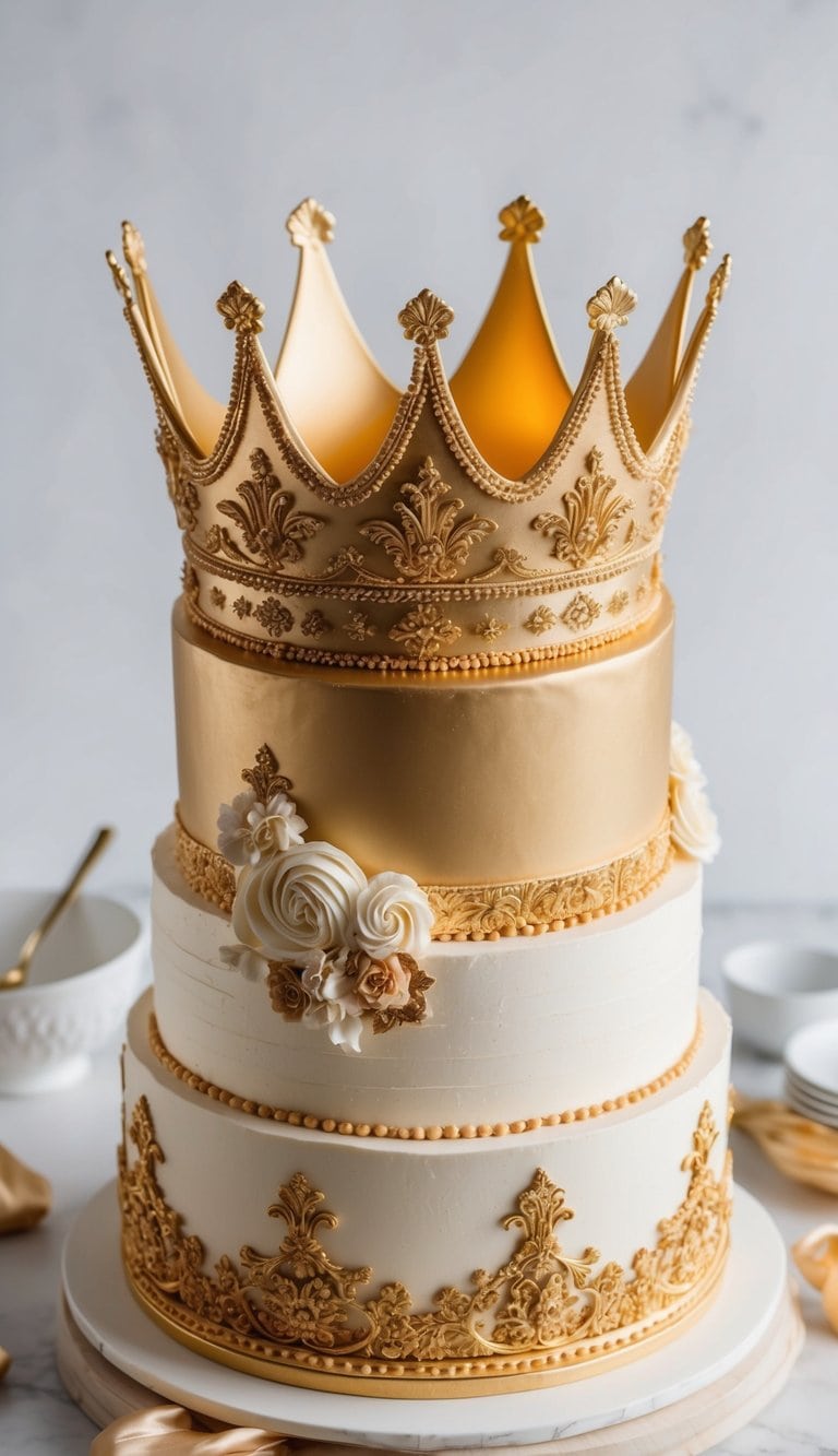 A lavish golden crown adorned with intricate details, surrounded by a decadent royal cake with regal decorations