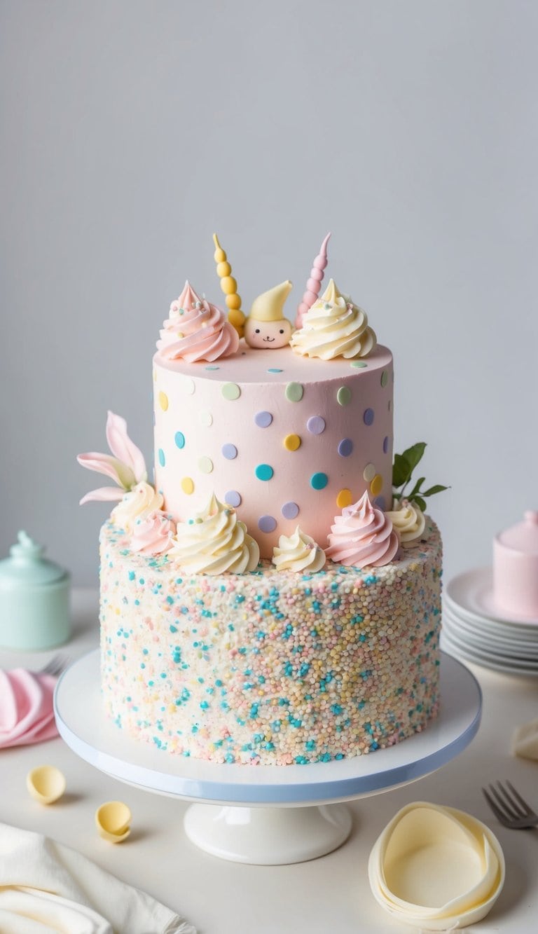 A polka dot sprinkle cake surrounded by pastel-colored icing and topped with cute and charming decorations