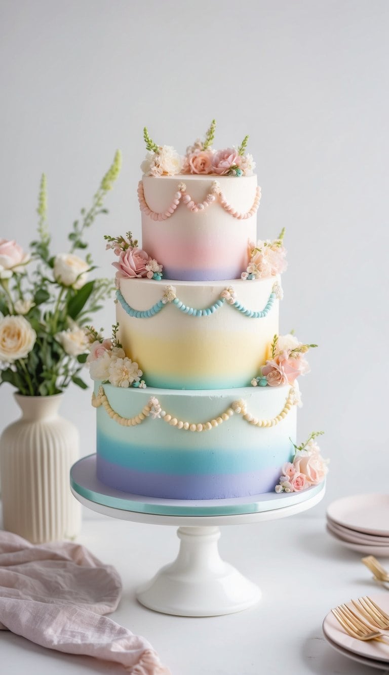 A pastel ombre layer cake adorned with cute and charming decorations