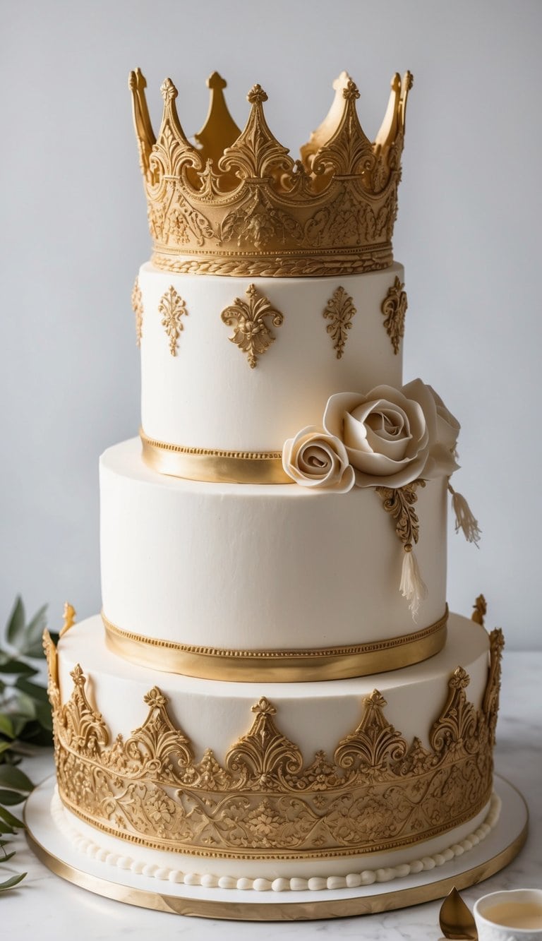 A grand, regal cake adorned with intricate gold crowns and elegant patterns, fit for a royal celebration