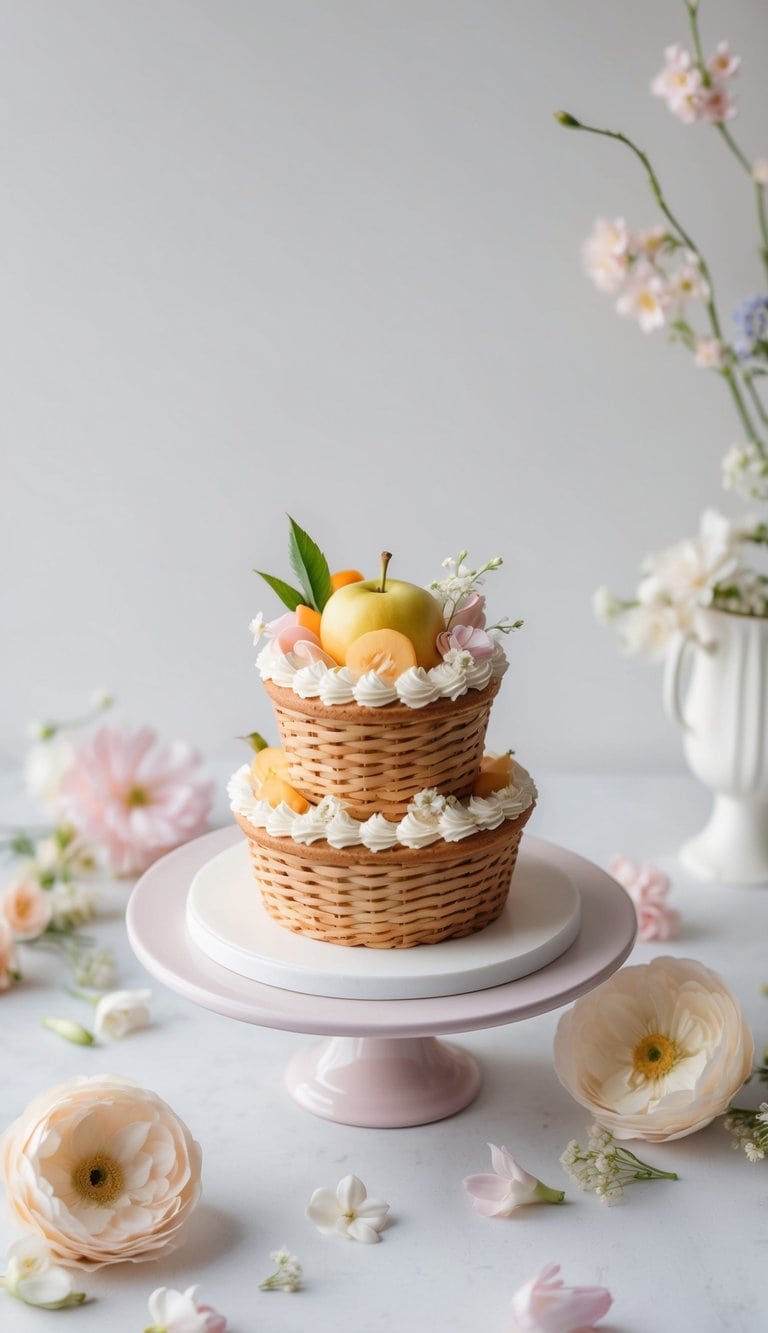 A small fruit basket cake surrounded by pastel-colored flowers and delicate decorations