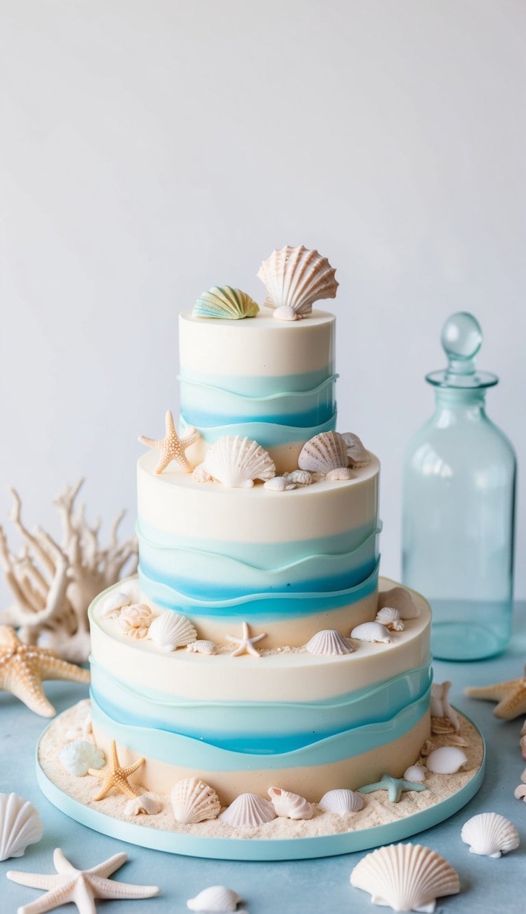 A glass bubble beach cake with pastel-colored shells, starfish, and sea creatures scattered around the base