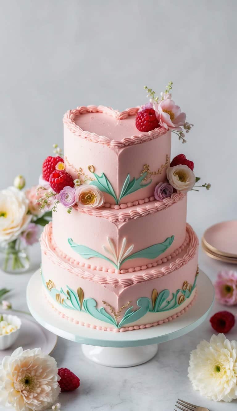 A heart-shaped raspberry cake surrounded by pastel-colored flowers and whimsical decorations