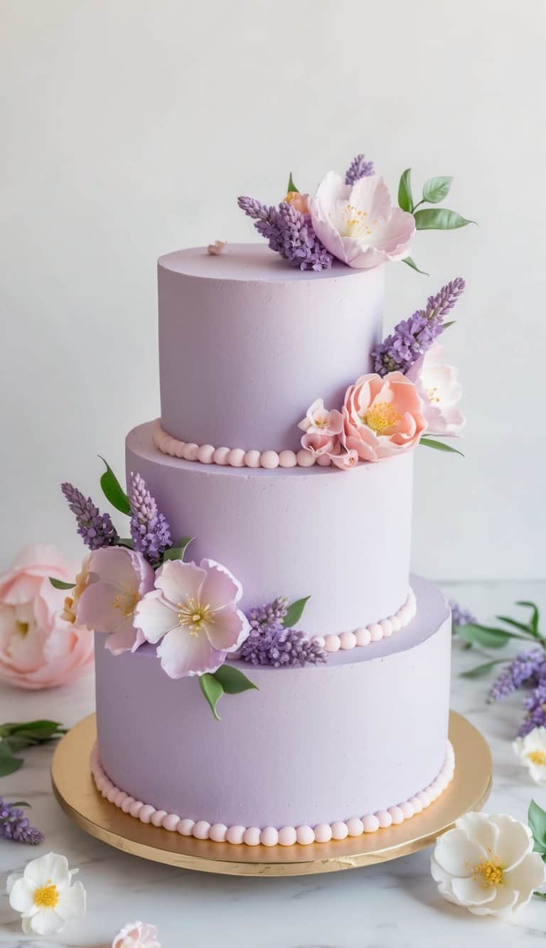 A lavender blossom cake surrounded by pastel-colored flowers and whimsical decorations