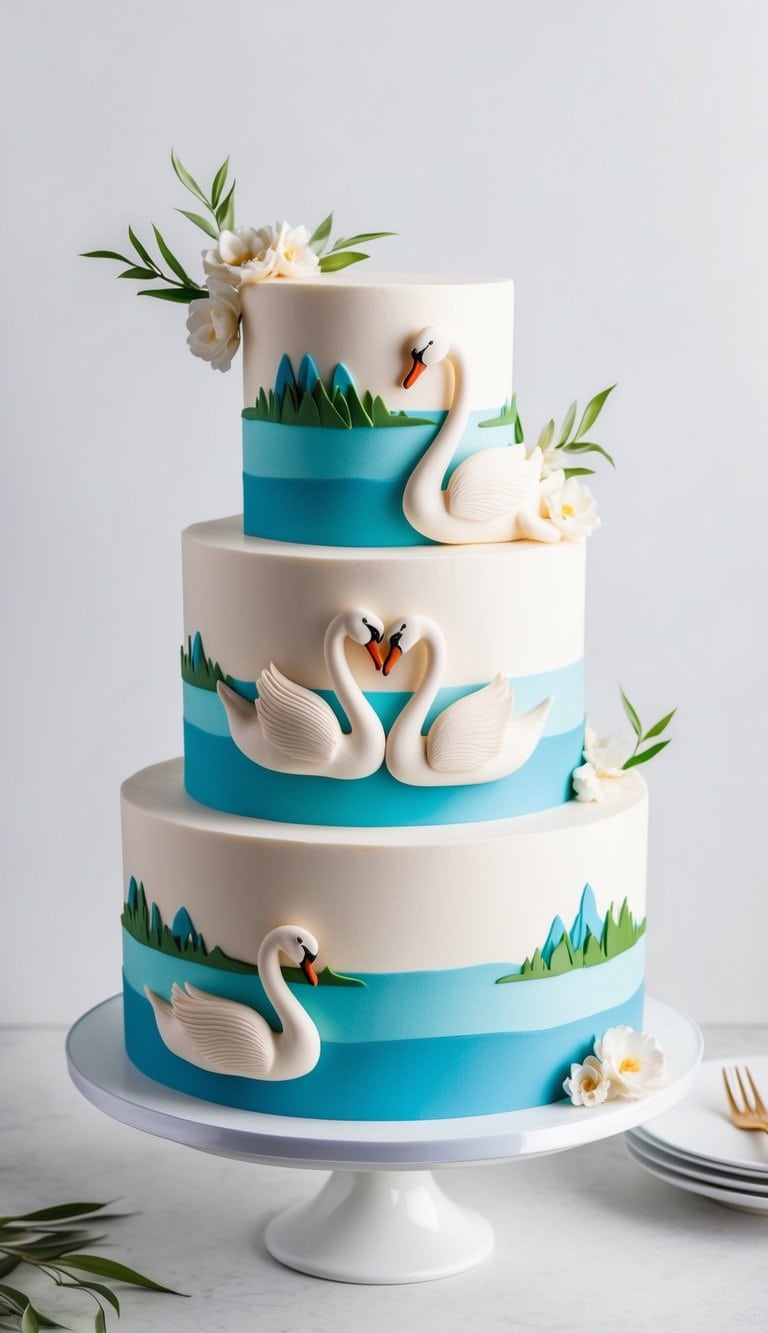 A beautiful cake decorated with pastel swans and lake scenery