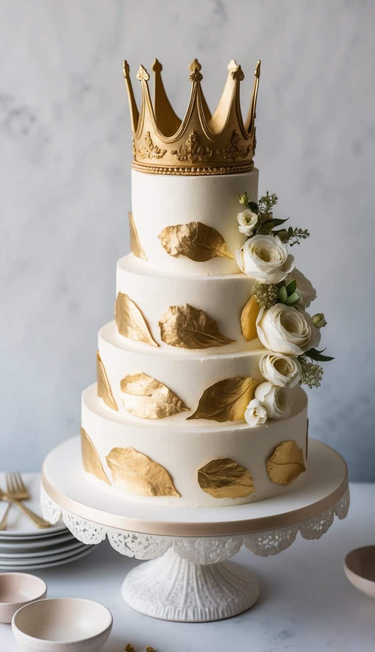 A tiered cake adorned with gold leaf accents and a regal crown topper sits on a decorative stand