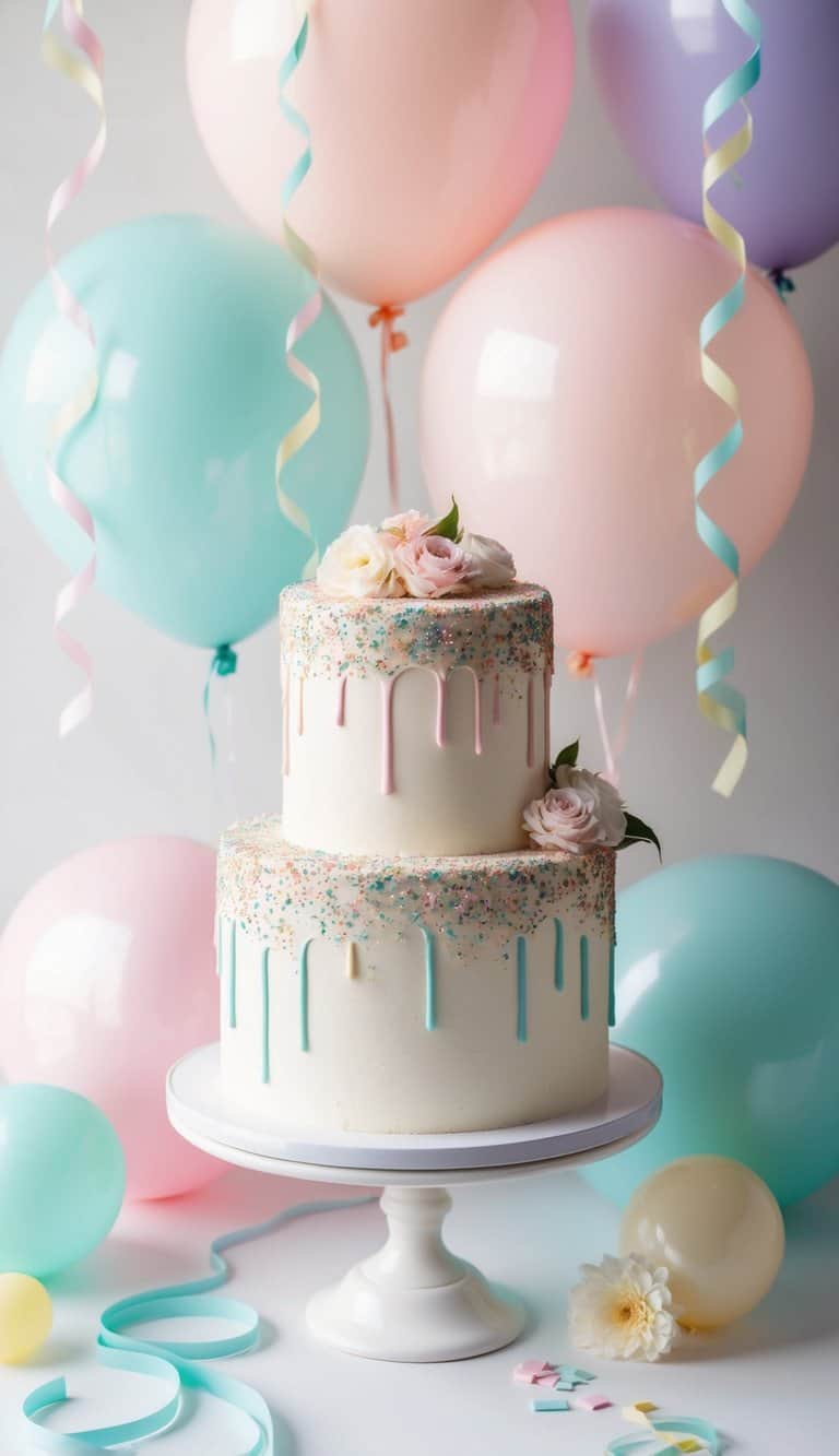 A confetti drip cake surrounded by pastel-colored balloons and streamers