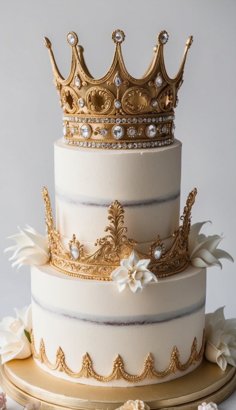 A grand, ornate crown adorned with shimmering gems atop a regal cake, surrounded by intricate gold detailing and elegant decorations