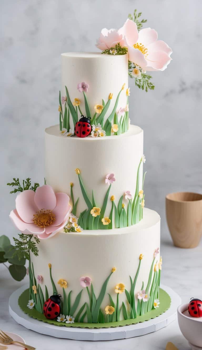 A garden-themed cake with ladybug and pastel flowers