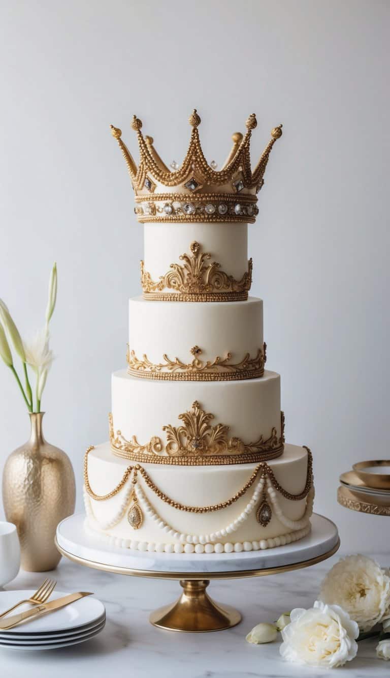 A grand and opulent cake adorned with a shimmering gold crown surrounded by intricate beadwork and regal decorations
