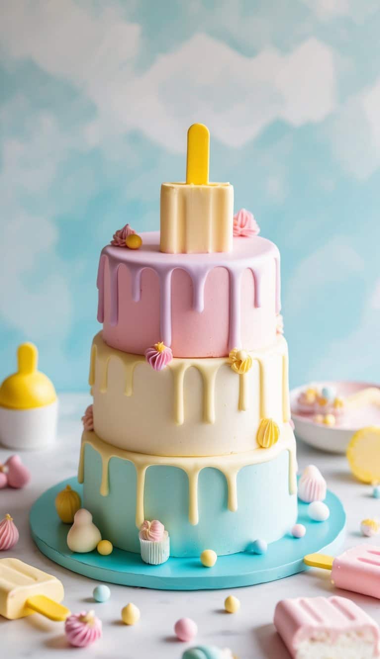 A pastel-colored popsicle cake melting in the sun, surrounded by cute and charming cake decorations