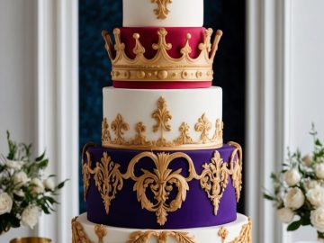 A lavish four-tier cake decorated with gold ornate patterns and crown toppers, featuring white and deep purple layers, displayed on a table with elegant gold-rimmed tableware and white floral arrangements in the background.