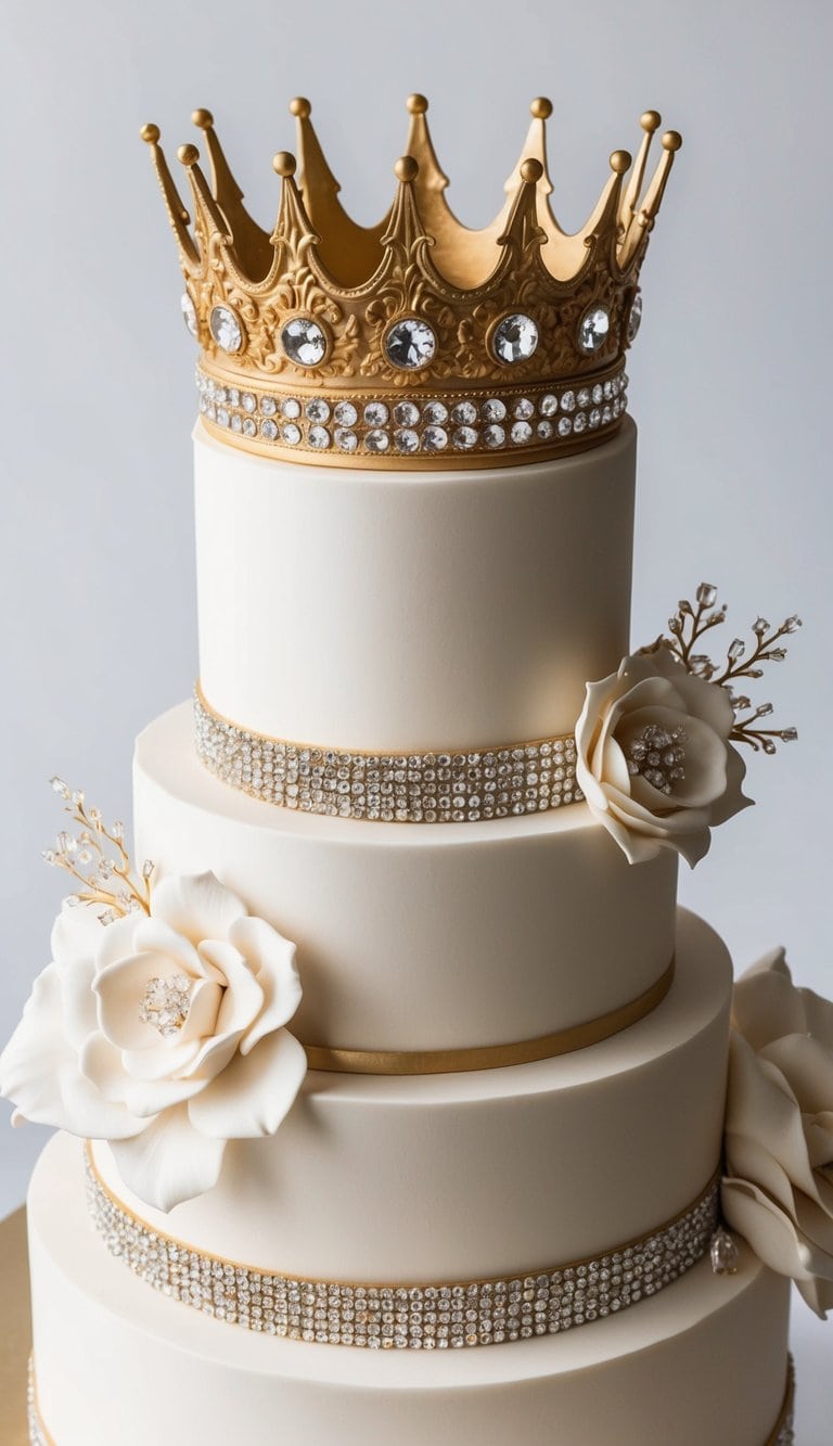 A grand cake adorned with elaborate gold crowns and sparkling crystals