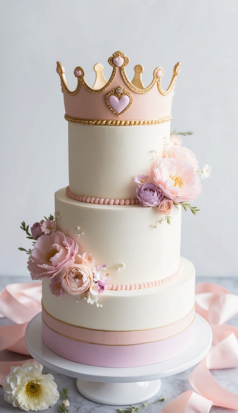 A princess tiara cake surrounded by pastel-colored flowers and ribbons, exuding an adorable and charming vibe