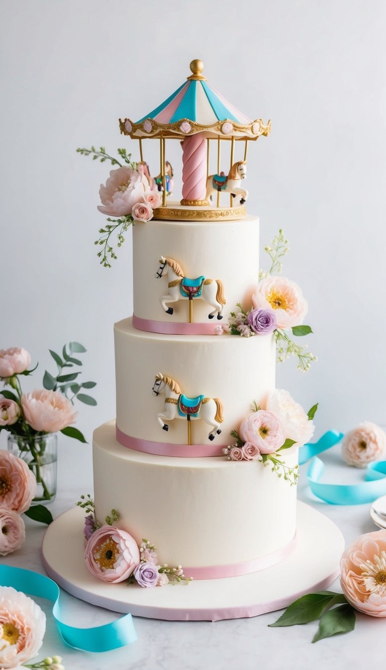 A carousel horse cake surrounded by pastel-colored flowers and ribbons