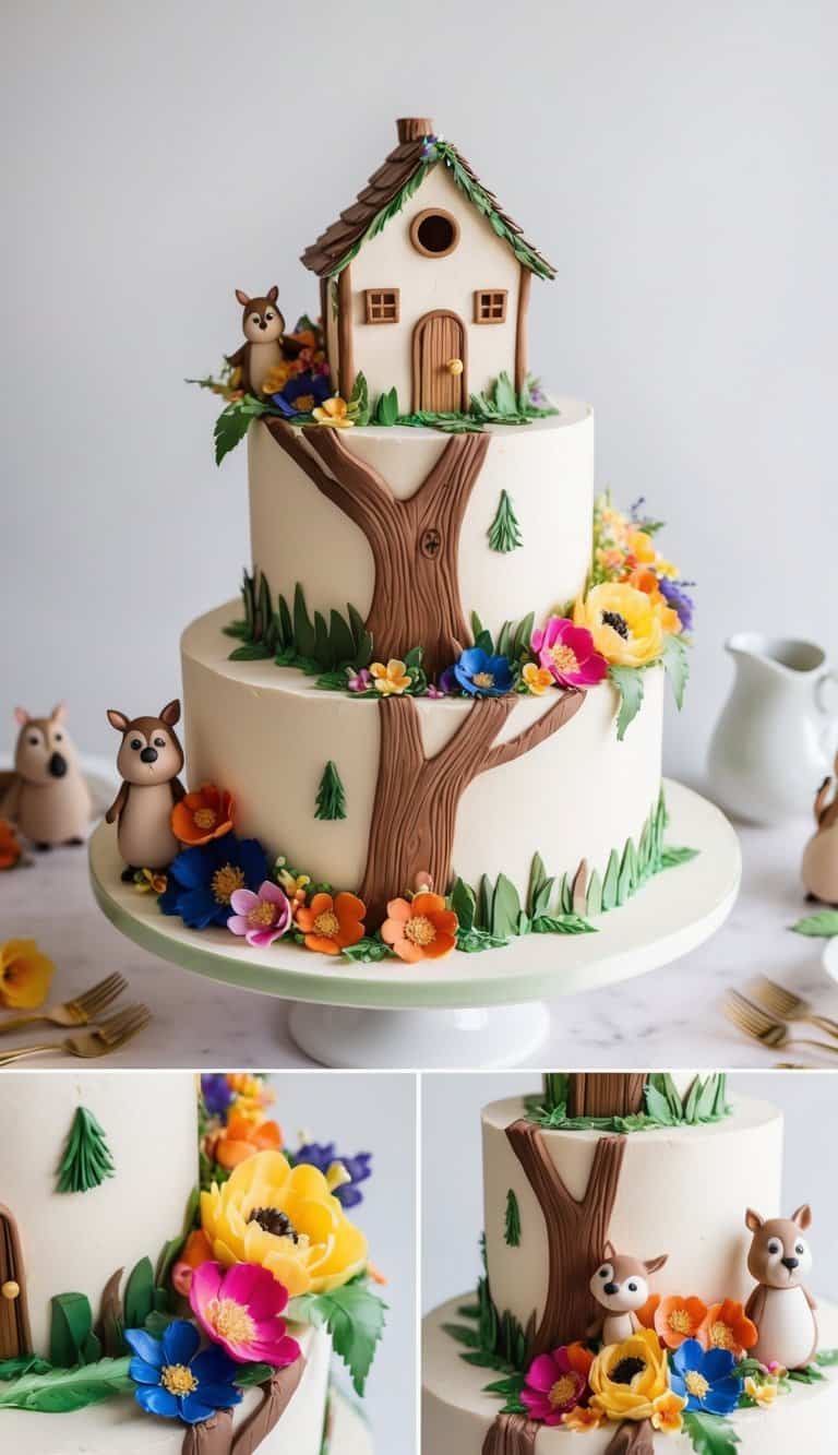 A whimsical treehouse cake surrounded by colorful flowers and cute woodland creatures