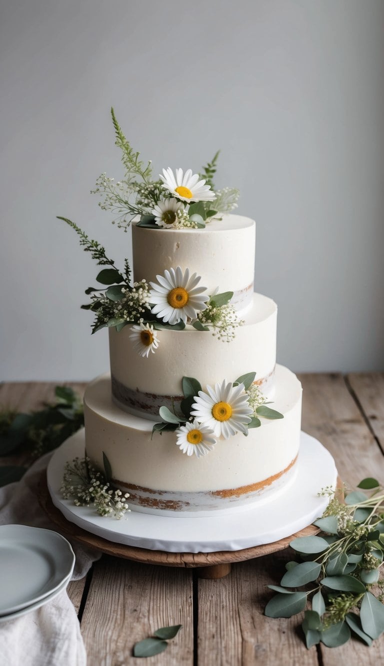A daisy-themed cake adorned with delicate, fresh flowers and green foliage, sitting on a rustic wooden table