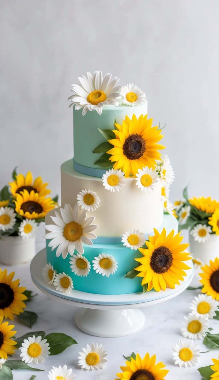 A vibrant daisy and sunflower combo cake surrounded by 60 daisy-themed cake decorations, featuring fresh and delicate floral designs