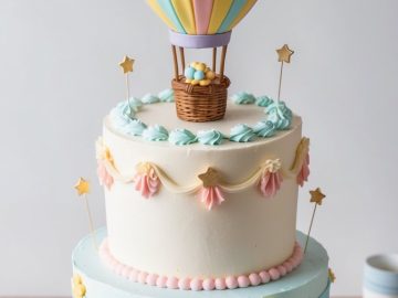 A two-tier pastel-colored cake with a hot air balloon topper. The top tier is cream-colored with pastel tassels and star decorations. The bottom tier has pastel stripes. The cake is adorned with frosting pearls and star sticks.