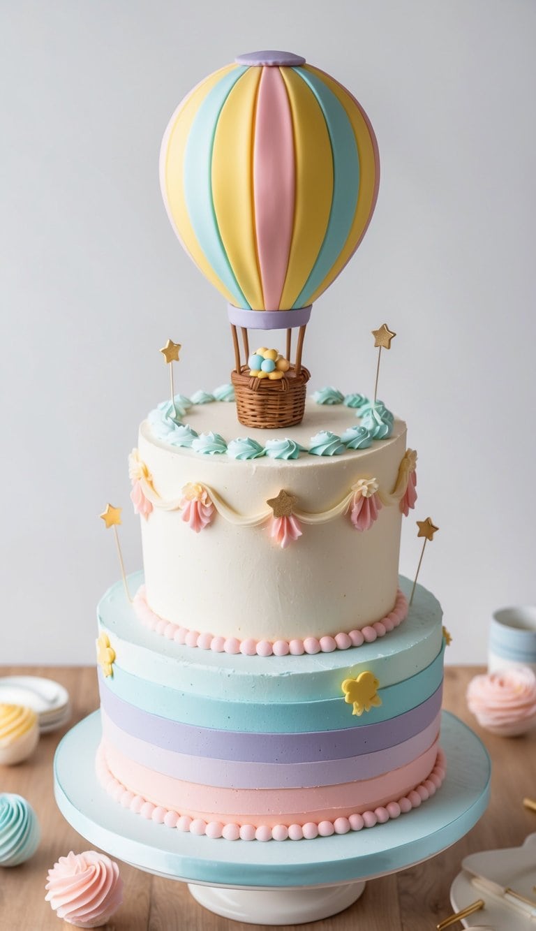 A hot air balloon cake surrounded by pastel-colored icing and cute decorations