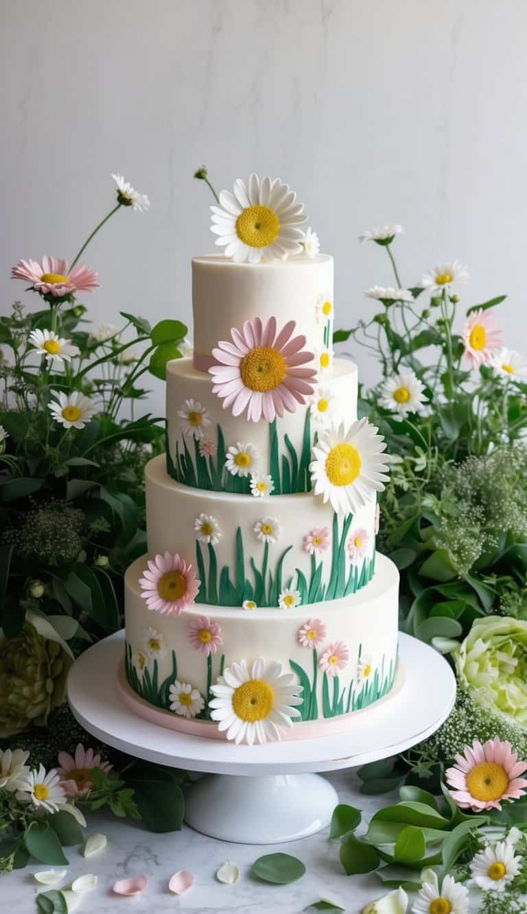 A garden cake adorned with pastel daisies in a variety of sizes, surrounded by lush greenery and scattered flower petals