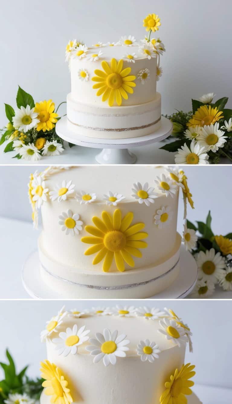 A daisy-themed cake adorned with fondant daisies and bunting, surrounded by fresh daisies and other floral decorations