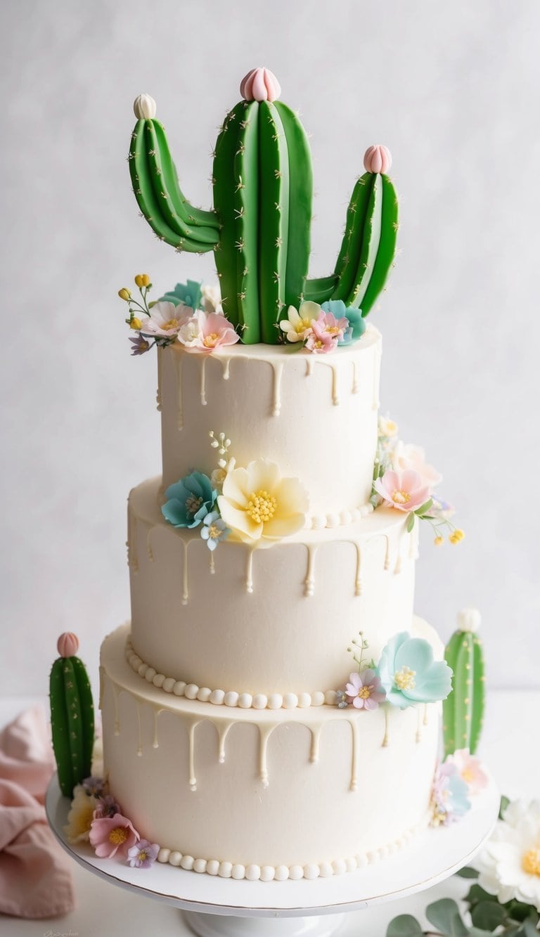 A happy cactus cake surrounded by pastel-colored flowers and whimsical decorations