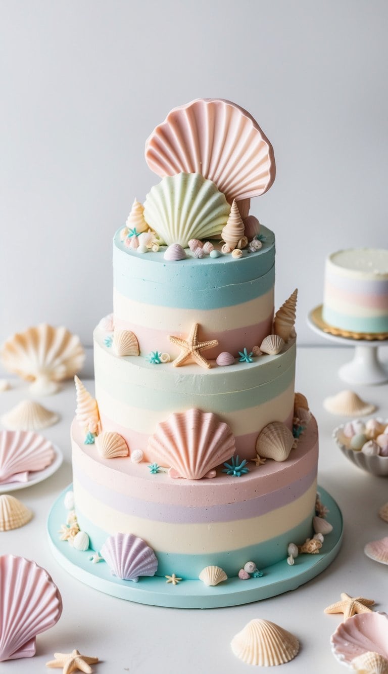 A whimsical seashell treasure cake surrounded by pastel-colored frosting and cute decorations