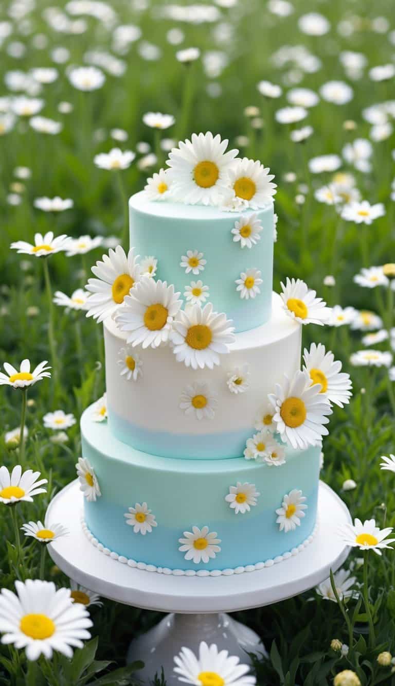 A whimsical daisy-themed cake surrounded by fields of fresh daisies, with delicate floral decorations and a joyful, springtime atmosphere