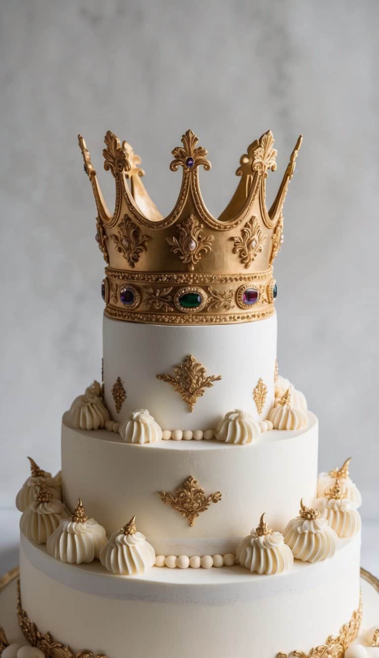 A majestic crown made of gold and adorned with intricate details sits atop a grand royal cake, surrounded by opulent decorations