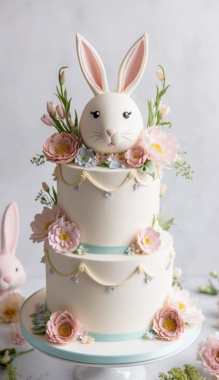 A bunny rabbit cake surrounded by pastel-colored flowers and whimsical decorations