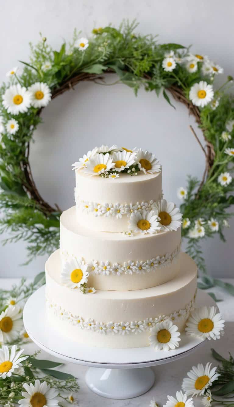 A daisy wreath cake surrounded by fresh daisies and greenery, with a soft, floral color palette
