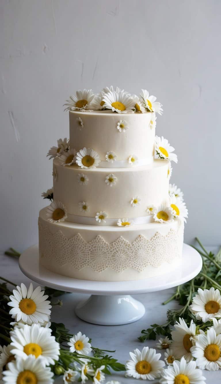 A vintage daisy lace cake sits on a table surrounded by fresh daisies, with delicate floral decorations adorning the cake's surface