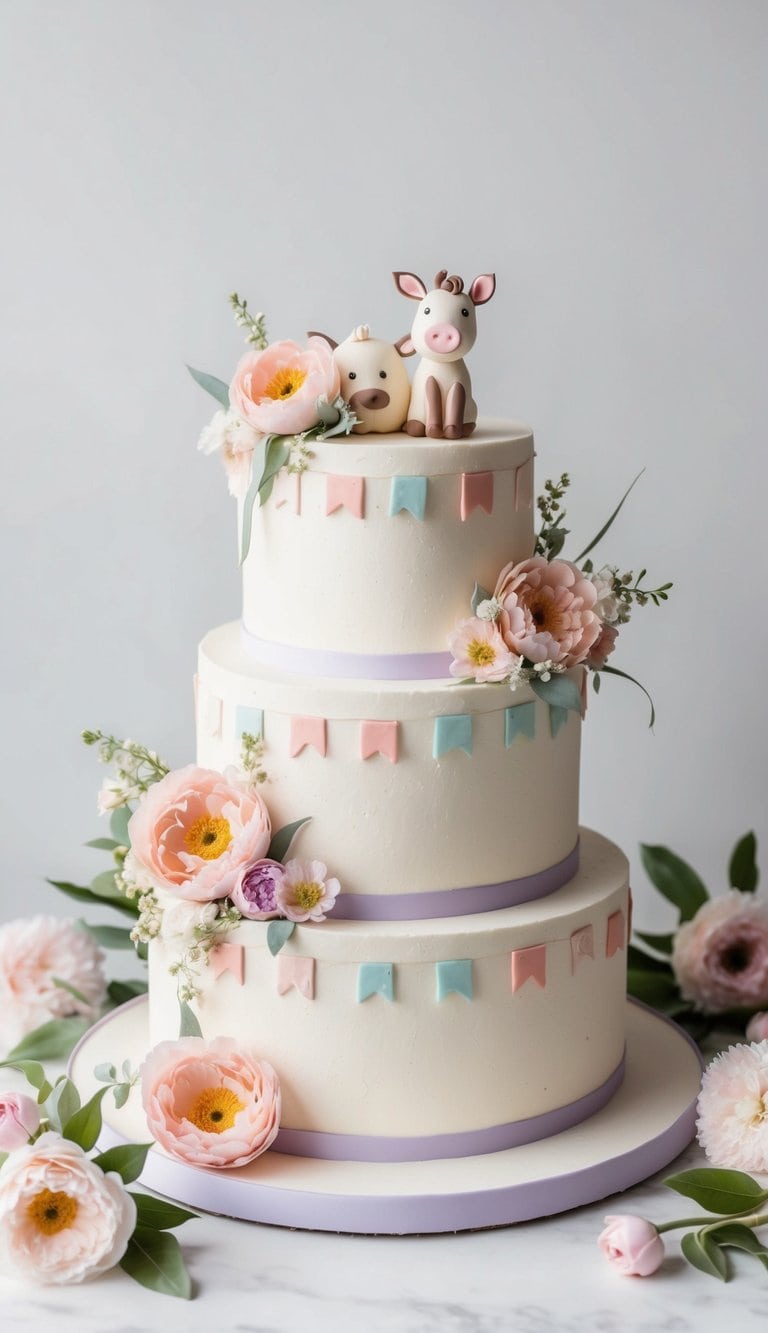 A farmyard animal cake surrounded by pastel-colored flowers and whimsical decorations