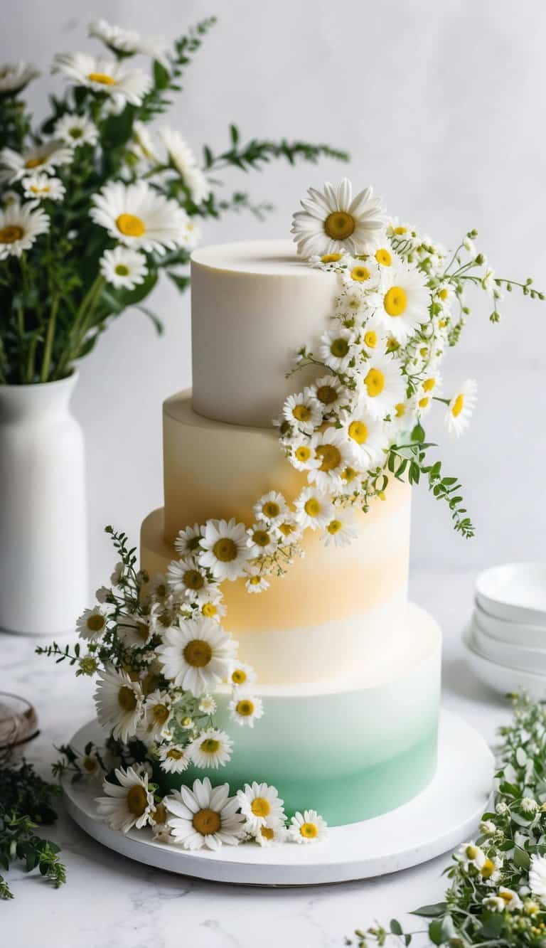 A daisy ombre cake surrounded by fresh daisies and greenery, with delicate floral decorations cascading down the sides