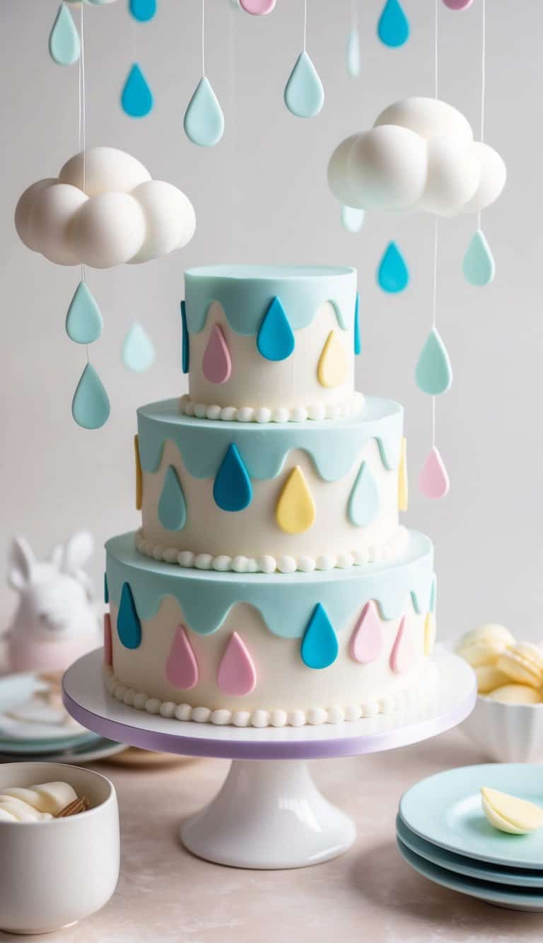 A whimsical cake adorned with pastel-colored raindrops and fluffy clouds, creating a charming and adorable scene