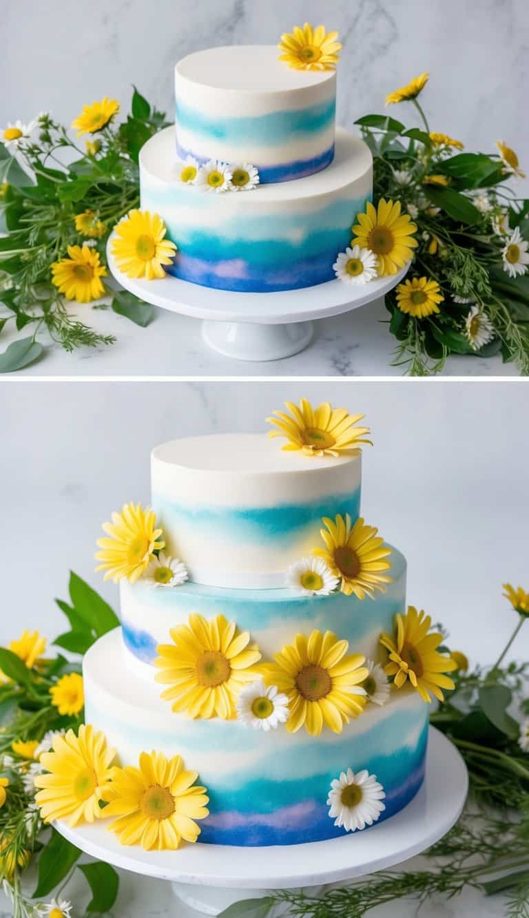 A vibrant daisy-themed cake surrounded by fresh daisies and greenery, with a watercolor effect on the icing