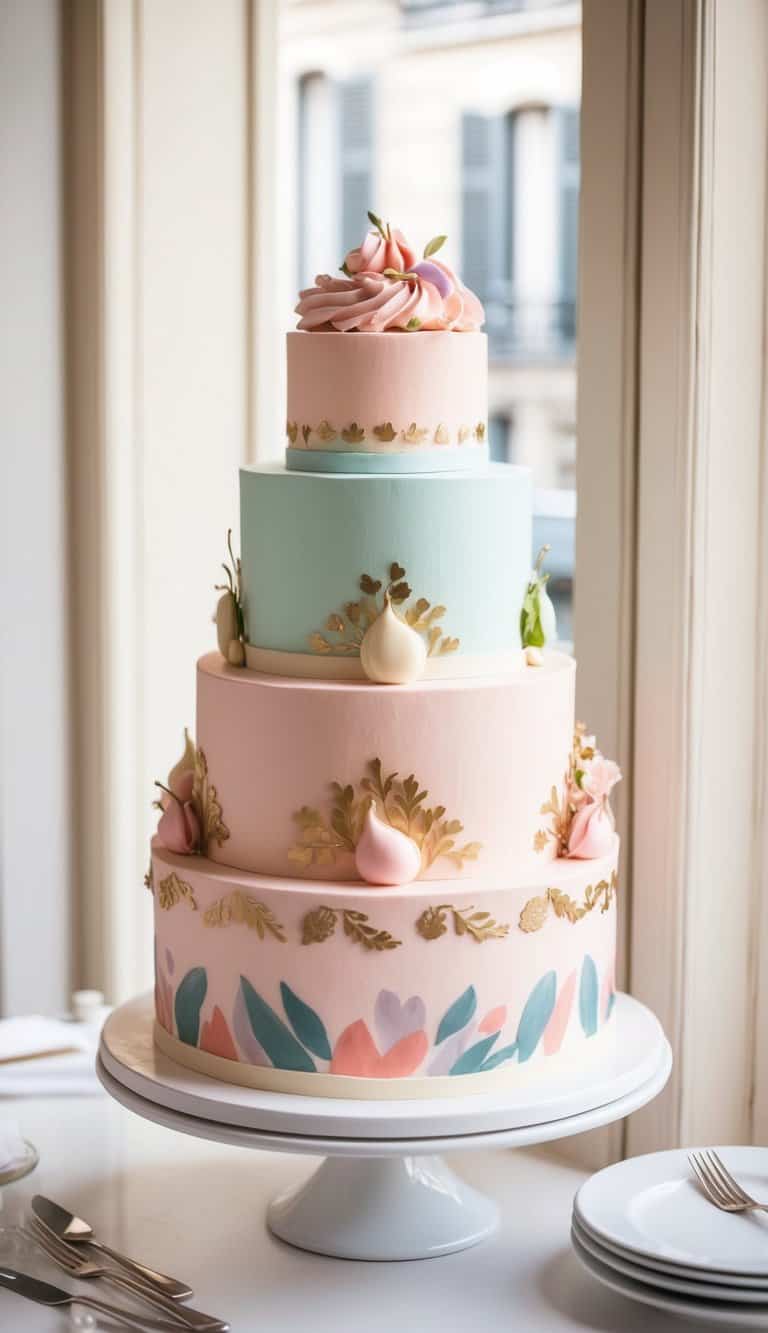 A Parisian patisserie display with adorable pastel cakes and charming decorations