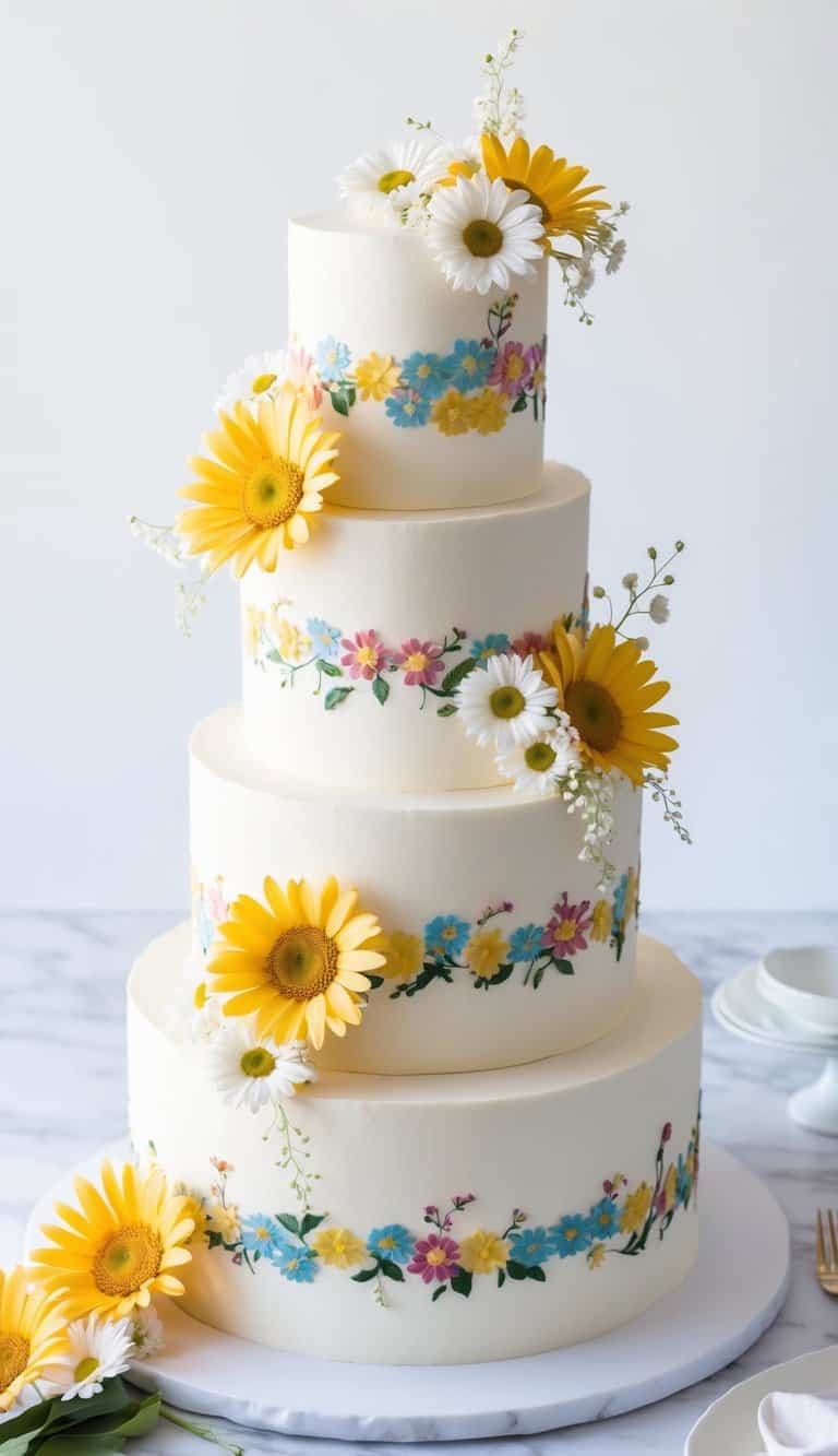A towering cake adorned with rainbow daisies and delicate floral decorations