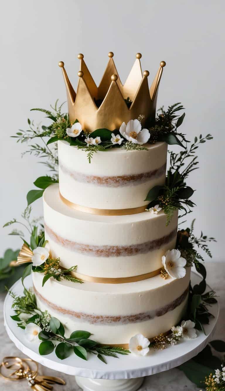 A majestic woodland scene with golden crowns nestled among lush greenery and delicate flowers