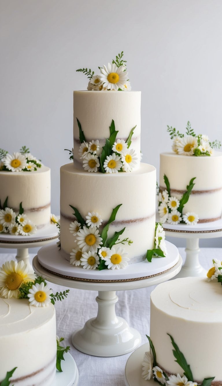 A table adorned with daisy-themed cakes, each delicately decorated with fresh and floral designs