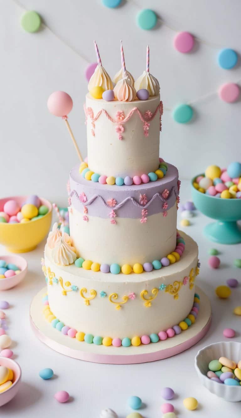 A whimsical cake adorned with pastel-colored candies and frosting, surrounded by playful decorations and vibrant colors