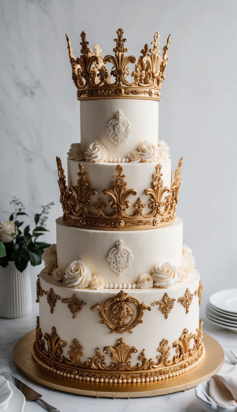 A decadent, regal cake adorned with ornate Baroque-style gold crowns and elaborate royal decorations