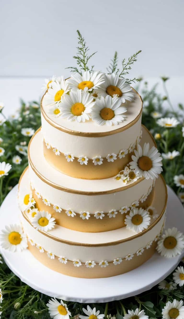 A golden-edged daisy cake surrounded by a bed of fresh daisies, with delicate floral decorations adorning the top and sides
